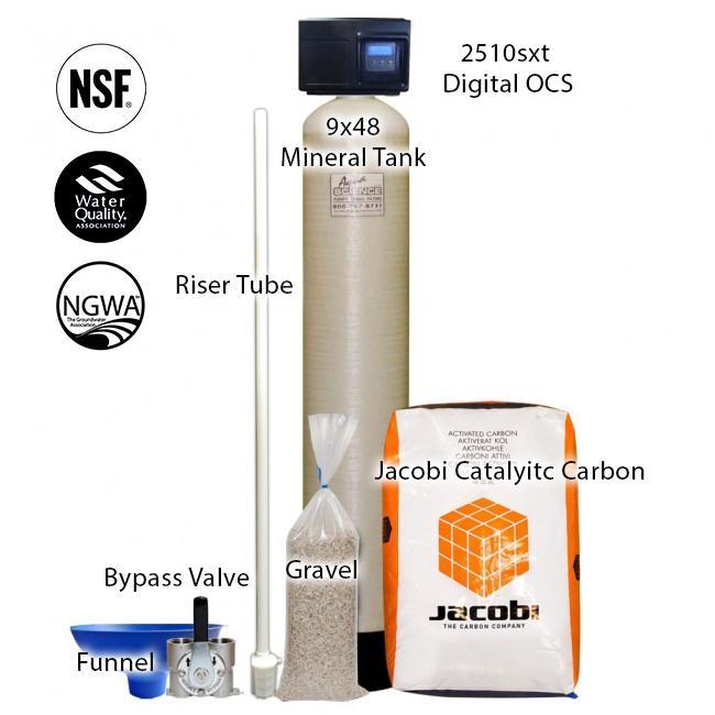 Jacobi Catalytic Carbon Filter System with 9" X 48" Tank & Fleck 2510SXT AIO Oxygen Chamber System Digital Control Valve